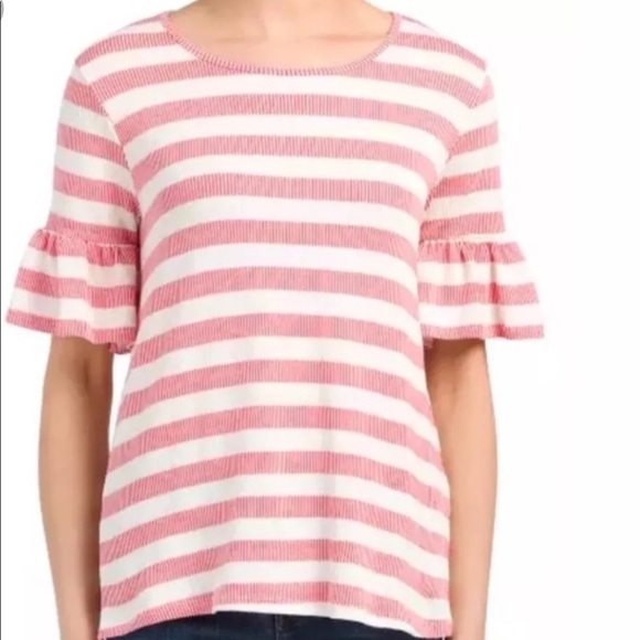 Pleione Tops - Pleione Striped Knit Ruffle Elbow Top